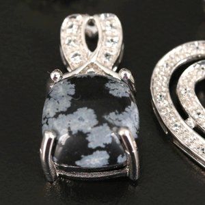 Sterling Snowflake Obsidian and White Topaz Pendant